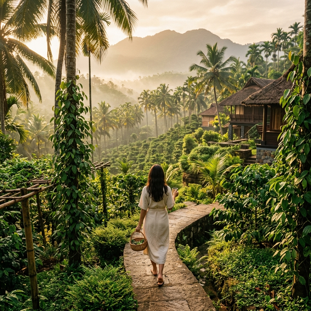 Lush coconut plantations in Kerala in warm sunrise